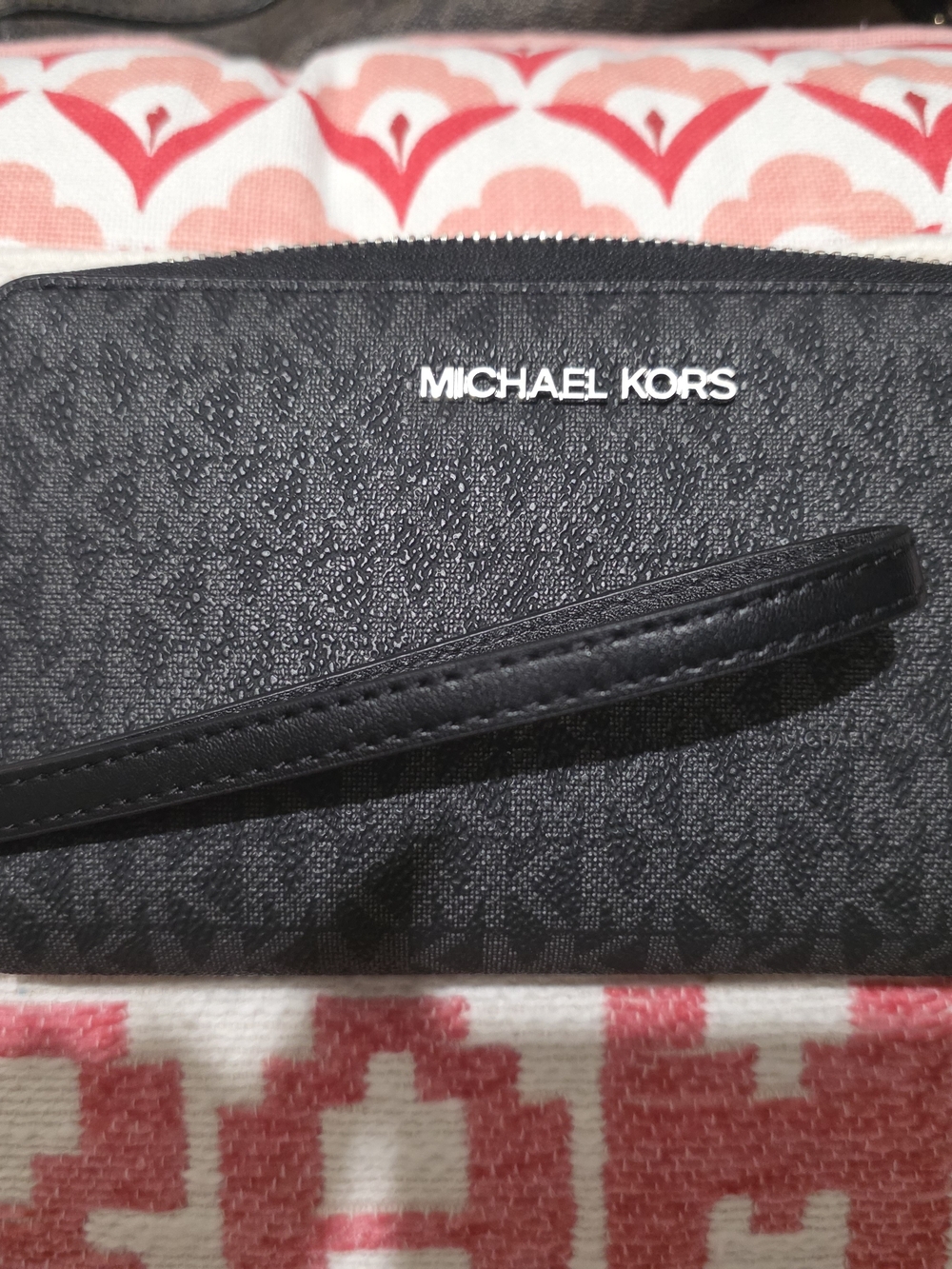 Michael Kors Black Logo-Print Wristlet with Silver Hardware